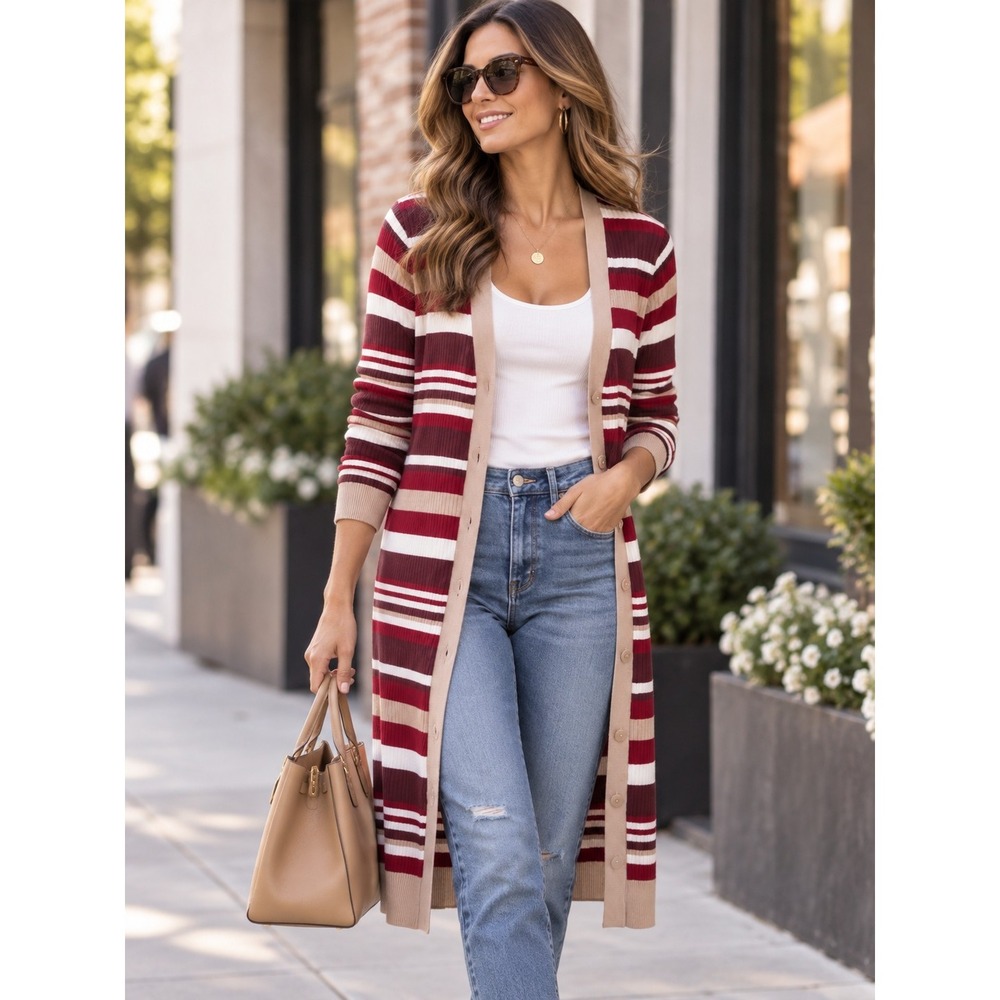 NWOT CATO'S Womens Large Striped Longline Cardigan Sweater Fall Layer Academia